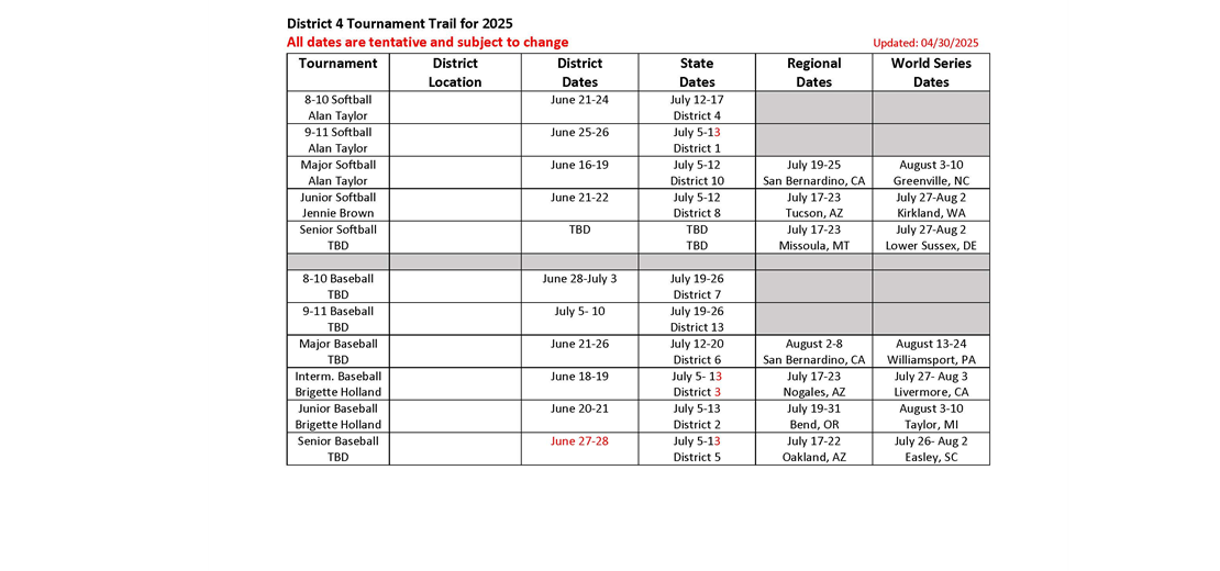 2025 Tournament Dates